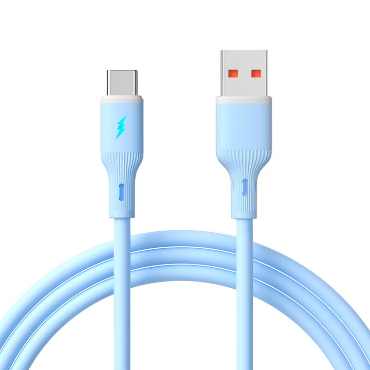 Cablu USB-C 1m Akyga AK-USB-63 Silicon Albastru, transfer rapid 480 Mbps, iluminare LED