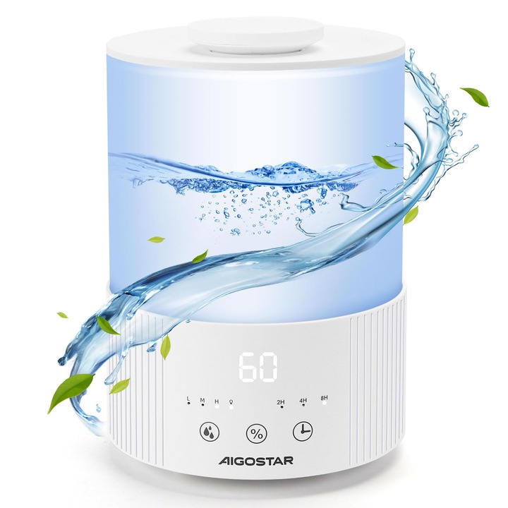 Umidificator de umplere superior BEAR 5L, duza de abur extensibila la 360°, 28dB ultra-silentios pentru bebelusi si plante, timp de functionare 35 de ore, cu tava pentru aromoterapie, oprire automata, alb