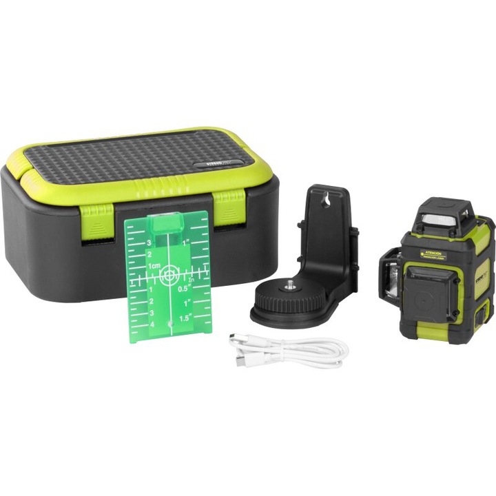 Nivela laser, verde, 360°, 3x3D, cu acumulator 3.7V Li-ion, 4200 mAh, incarcator, geanta, placa tinta, 50 m, Strend Pro