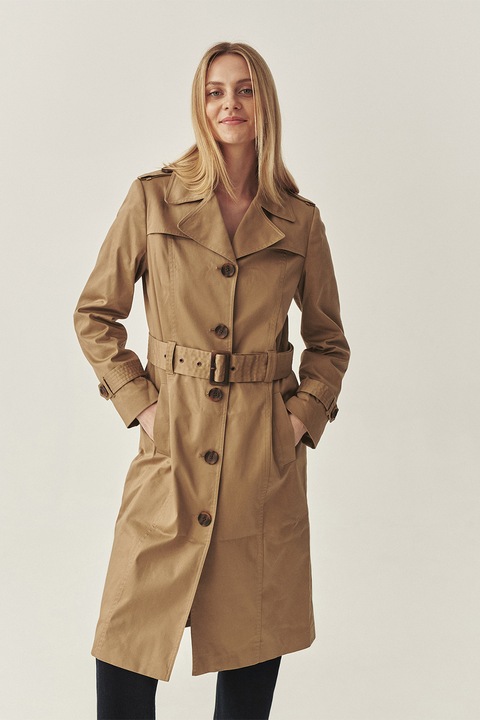 TATUUM, Trenci din amestec de bumbac cu curea in talie, Maro nisip