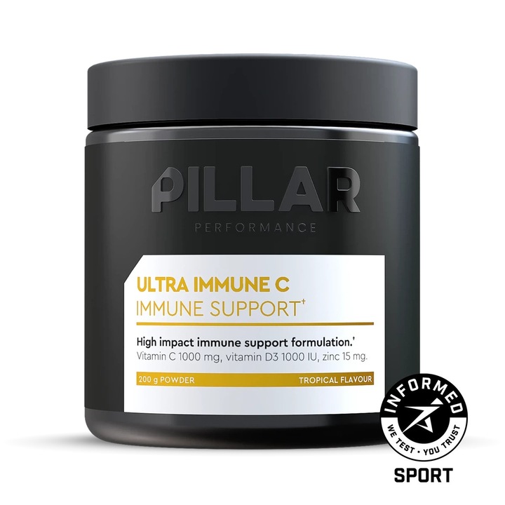Immunitás por, Pillar Performance, ULTRA IMMUNE C, 1000 mg C-vitamin, 1000 NE D3-vitamin, 15 mg cink, trópusi íz, 200 g