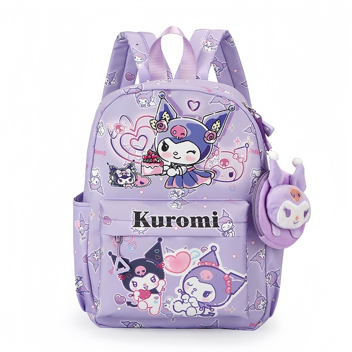 Раница Kuromi, ергономична, с множество отделения, включва висулка, от полиестер, размери 33x11x25 см, светло лилава
