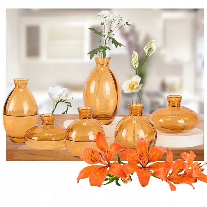 Set 6 vaze din sticla amber, dimensiuni variate, stil vintage