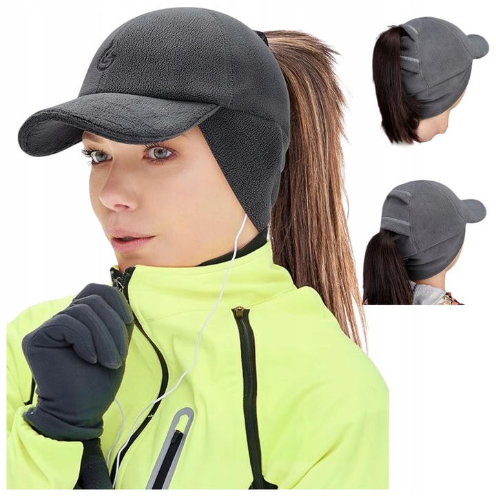 Sportos futósapka, grafit, fülvédelemmel és copfnyílásokkal