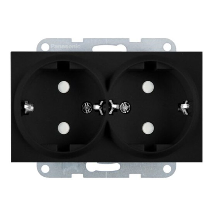 Priza dubla, Panasonic, protectie pentru copii, negru, montaj incastrat