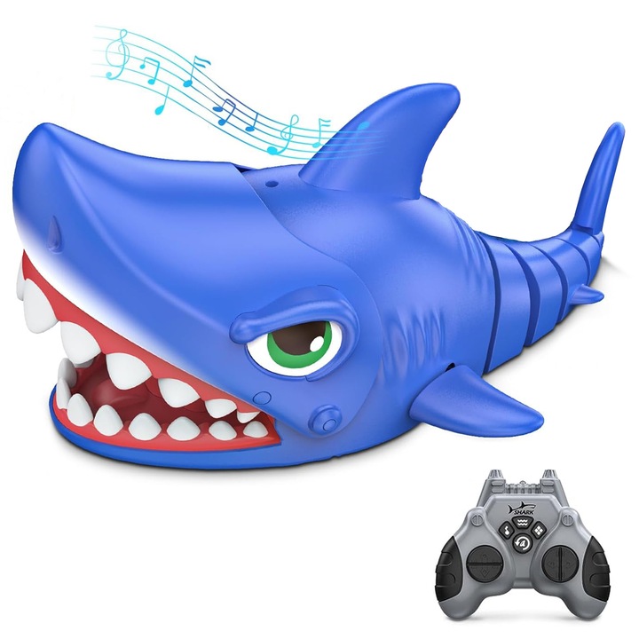 Rechin interactiv cu telecomanda Crazy Shark, albastru-gri, set complet cu telecomandă și piese de asamblare, pentru copii 3+