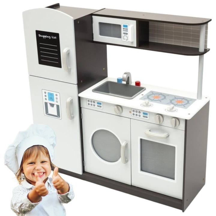 Bucătărie din lemn, ama, alb cu accente maro, 80x27x85cm, pentru copii