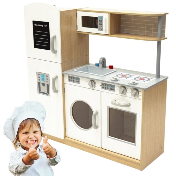 Bucătărie din lemn alb cu accente maro, jucărie pentru copii, 80x27x85cm