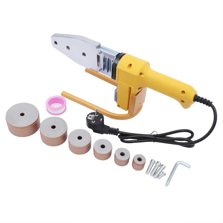 Aparat de sudura pentru tevi electrica, 800 W, 20-63 mm, galben, cu 6 capete, in cutie de scule