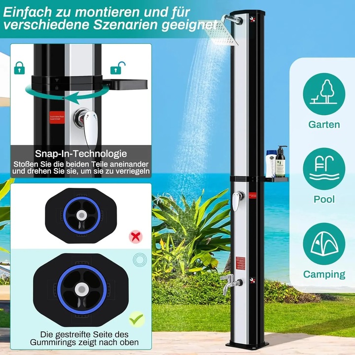 Dus solar pentru exterior, independent, 60L (16 Gal), Cap de dus si robinet pentru spalare picioare 360°, Control temperatura pana la 60°C, Cu capac, Culoare Negru si Argintiu