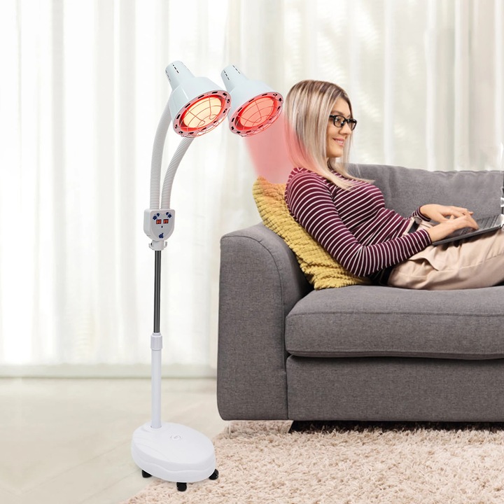 Lampa Terapie Infrarosu 275W, Lumina Rosie, Reglabila pe Stativ cu Roti, Culoare Alb