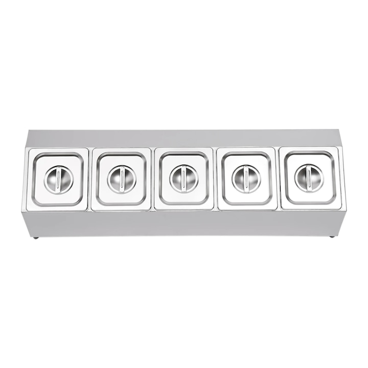 Raft de condimente din inox, Suport Organizator, cu 5*1/6 containere cu capac, pentru blatul de bucatarie, Suport inclinat, pentru sosuri si fructe, Argintiu