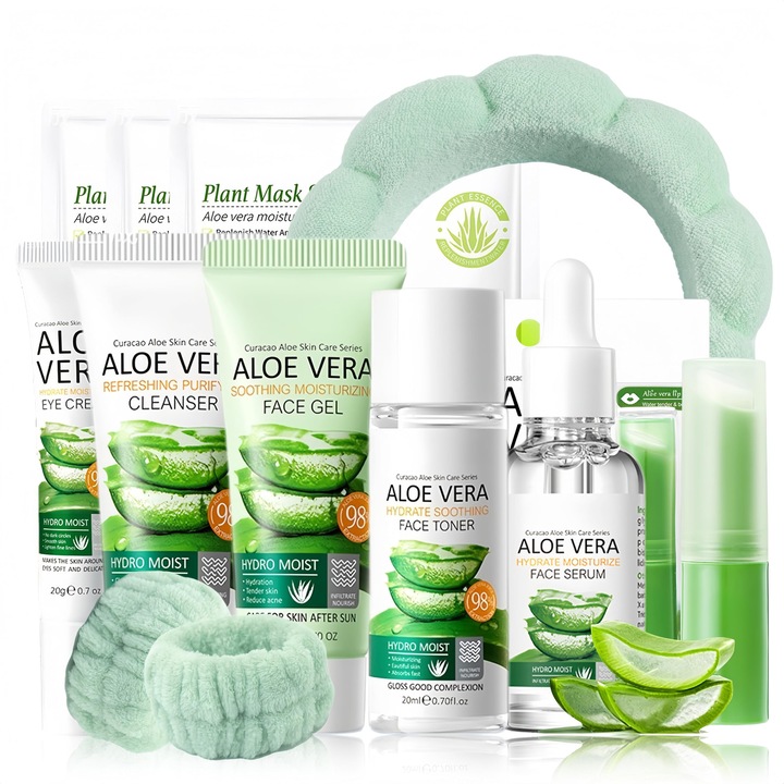 Set de îngrijire a pielii cu Aloe Vera, MrCuvaryas, 4 produse, pentru ten sensibil, dar și cadou pentru femei