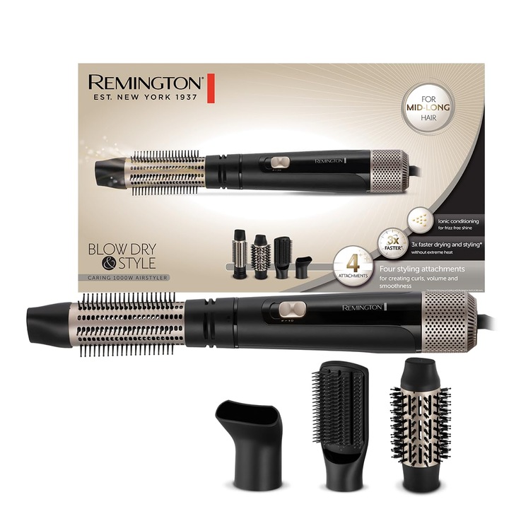 Perie rotativă Remington cu aer cald, set 4 accesorii, 1000W, îngrijire ionică, alb