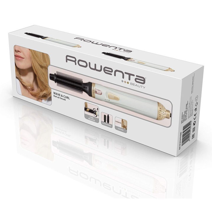 Perie termică Rowenta Cf3910, sistem Roll-Off pentru bucle, ceramică/turmalină, alb, 1 bucată
