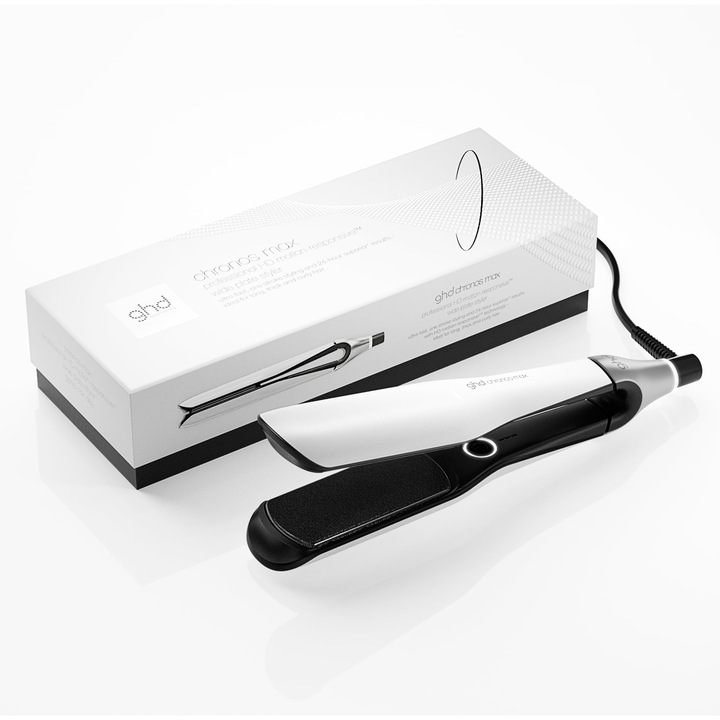 Ghd Chronos Max - Placă de îndreptat părul, alba, plăci late, pentru păr gros și creț
