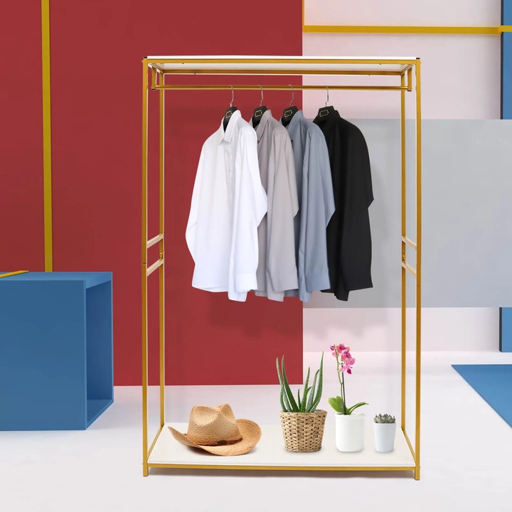 Suport de haine metalic aurit cu rafturi, 120x45x190cm, pentru rochii de mireasă, interior/exterior