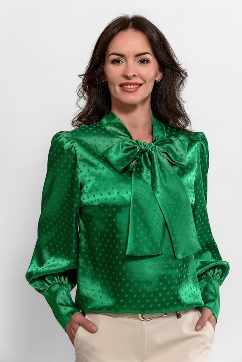 Bluza eleganta din satin verde cu funda la gat 1094, Verde