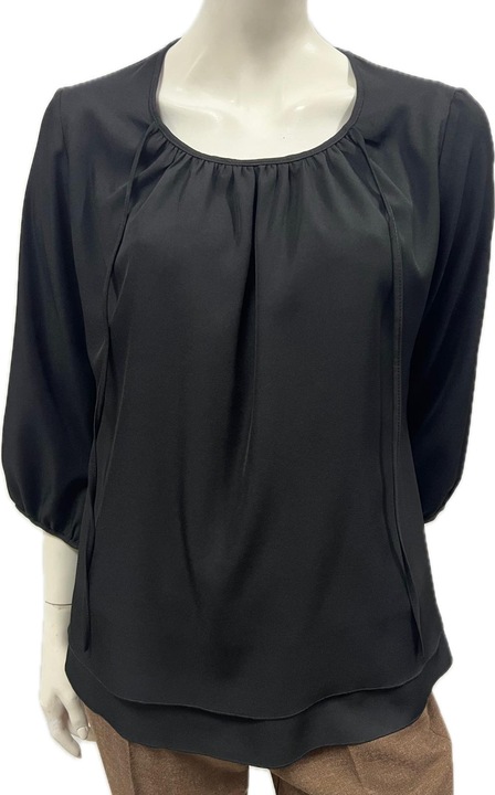 Bluza voal, Maneca 3/4, Cu captuseala, Imprimeu Uni, Snur gat, Negru