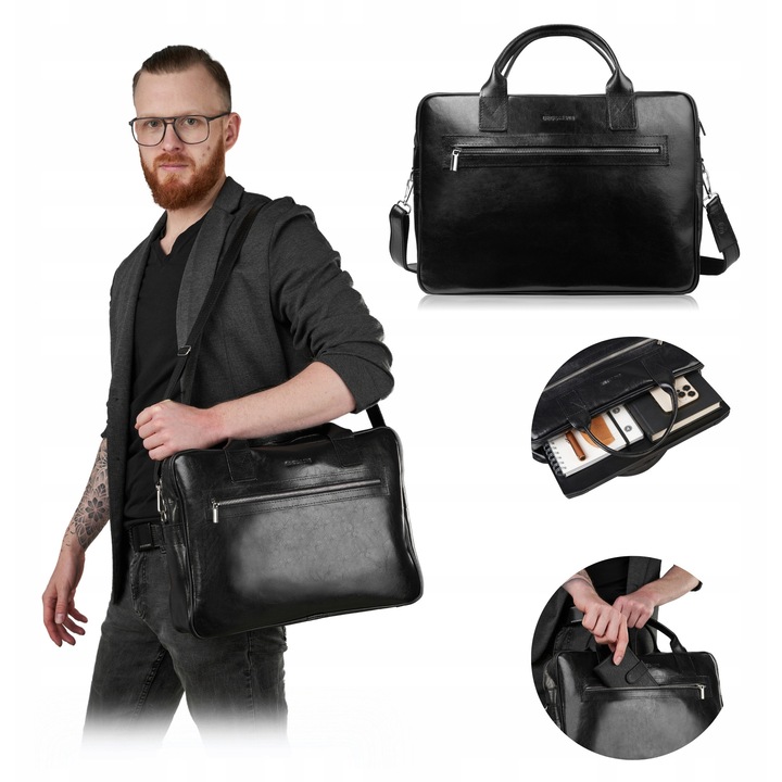 Férfi bőr táska, brødrene, r05, 15,6 hüvelykes laptop férőhely, 3 zseb, állítható vállpánt, fém lábak, fekete