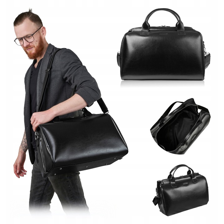 Utazótáska, Brødrene, R40, Fekete, Kiváló minőségű természetes bőr, Elegáns, Praktikus, Kényelmes fogantyúk, Állítható vállpánt, Tágas, Funkcionális, Lengyel gyártás, Masszív fogantyúk, Dupla fém cipzár, Univerzális design, Tökéletes