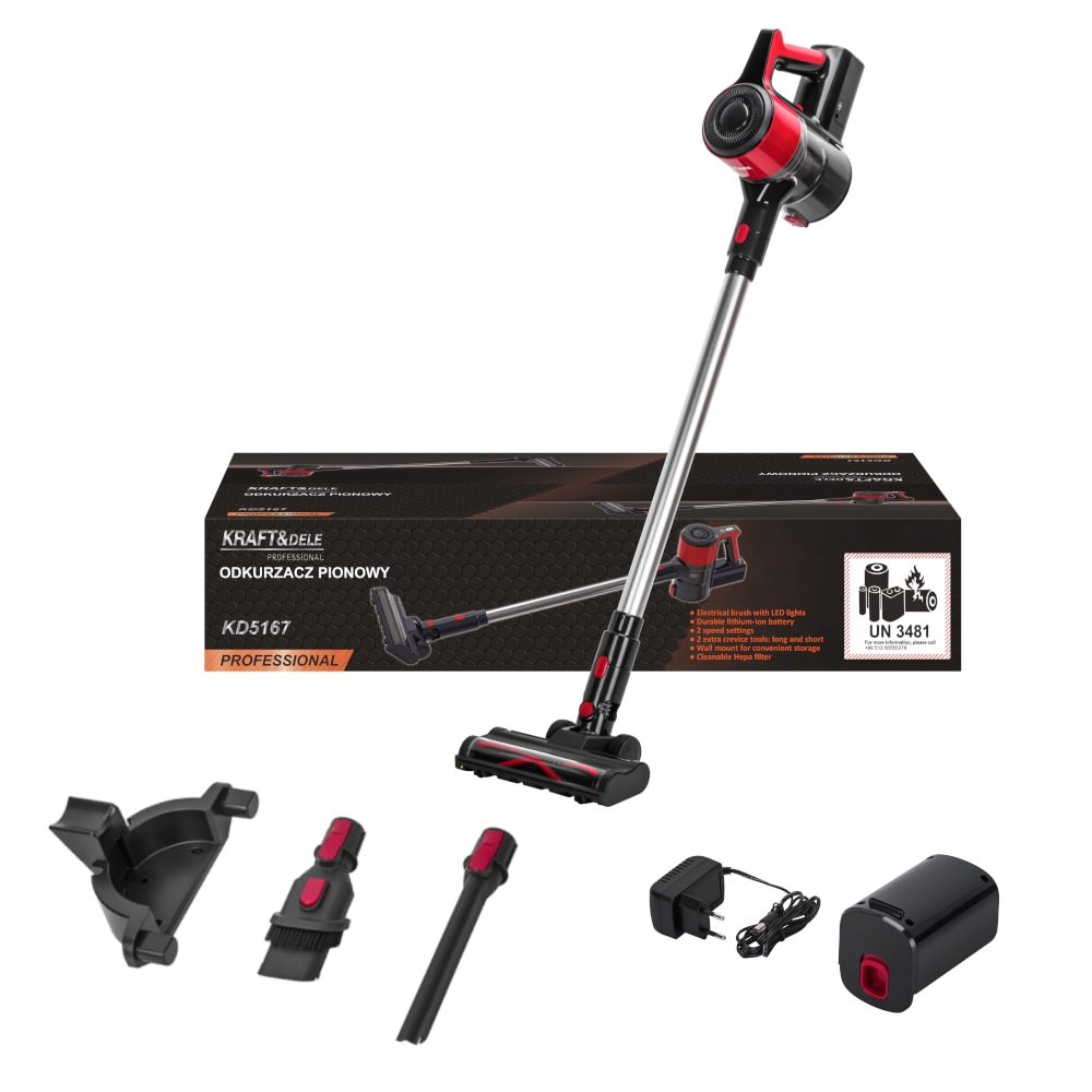 Aspirator vertical fara sac, Kraft&Dele, 25.2 V, 2500 mAh, Negru / Rosu