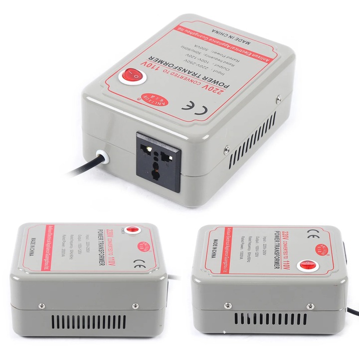 Convertor de tensiune, 1000W, 220-250V la 100-120V, priza UE, rosu, 16, 5x12x7, 1cm