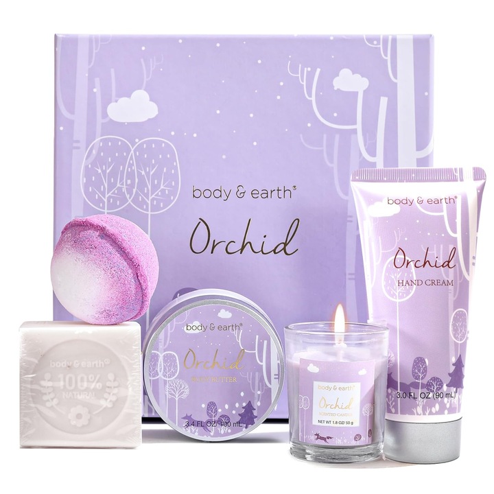 BODY & EARTH Ajándékszett Nőknek, 5 részes, Orchidea Illatú, Illatgyertya, Testvaj