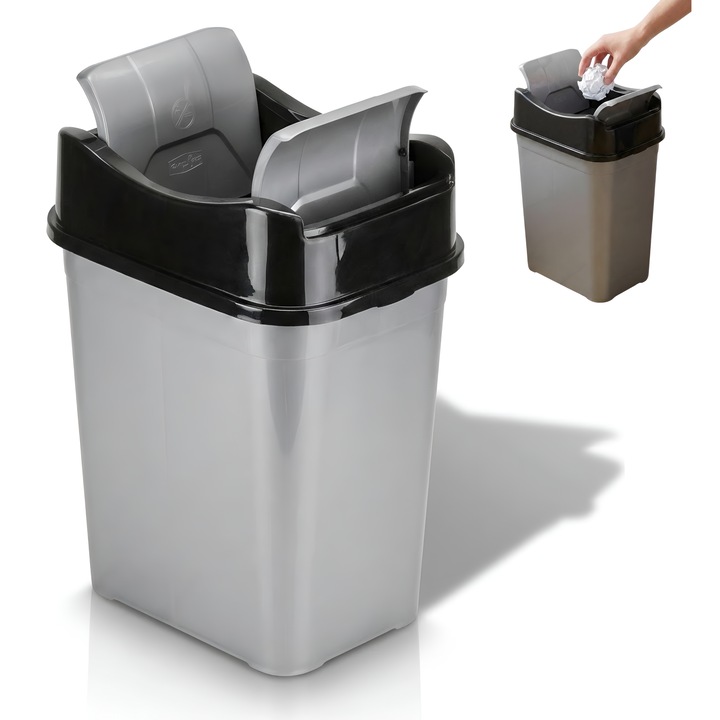 Cos de gunoi 10L, cu capac rabatabil Salestore.ro®, Cos de gunoi bucatarie, baie, birou, Compact, 34.5 x 25.5 x 20 cm, Plastic, Gri/Negru