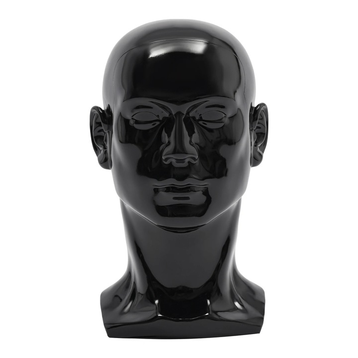 Paróka manöken fej, Kijelző fej, Kerület 50 cm, PVC, Stabil alap, Kirakatba, Fekete