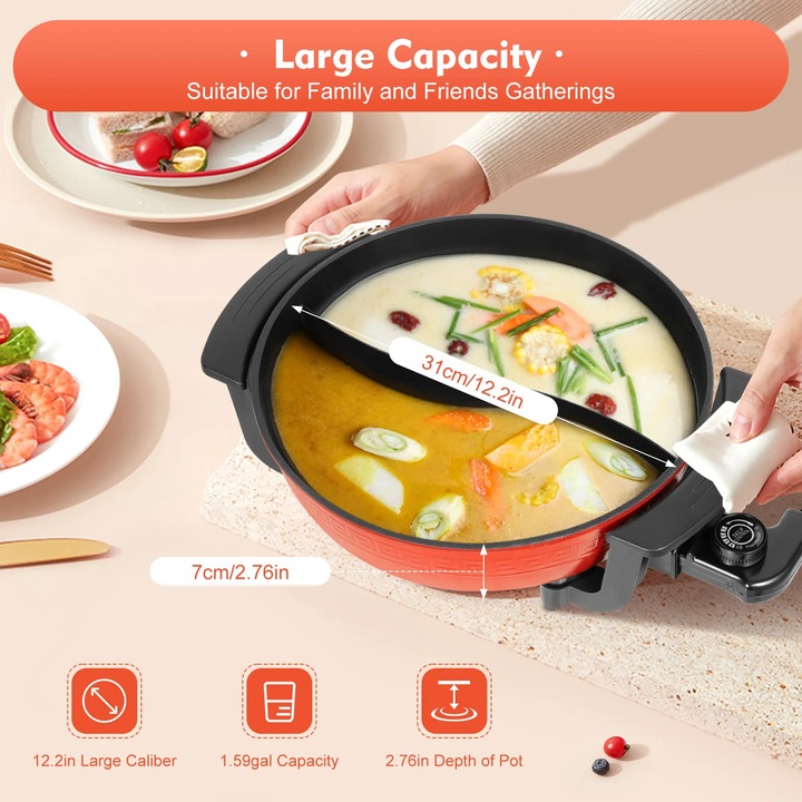 Hot pot electric, oala dubla compartimentata, 1300 W, capacitate 6 l, cu capac, rosu