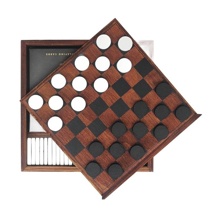 Utazós játékkészlet, kompakt, dáma, kártyajáték, dominó, fa, +6