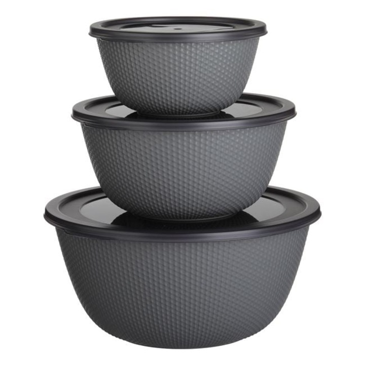 Комплект от 3 пластмасови купи с капак, кръгли, сиви, 0.5L, 1L, 2L, различни размери, за съхранение на храна в кухнята