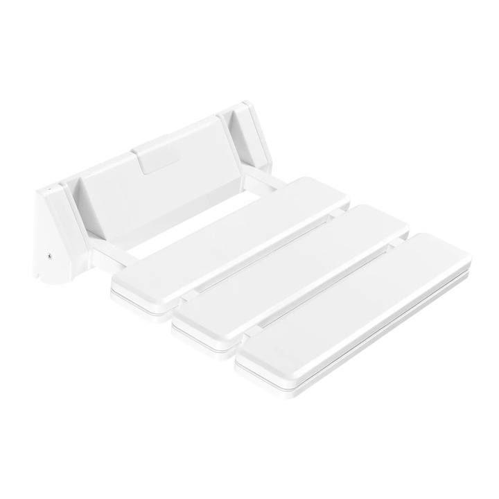 Scaun rabatabil de perete, Scaun de dus, Otel inoxidabil, Sarcina 130 kg, Rabatare 90°, Dimensiuni 32×34×10 cm, Alb