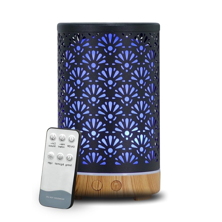 Difuzor de aromaterapie Zen Arome Sofia, electric cu telecomandă, iluminare LED personalizabilă, metalic
