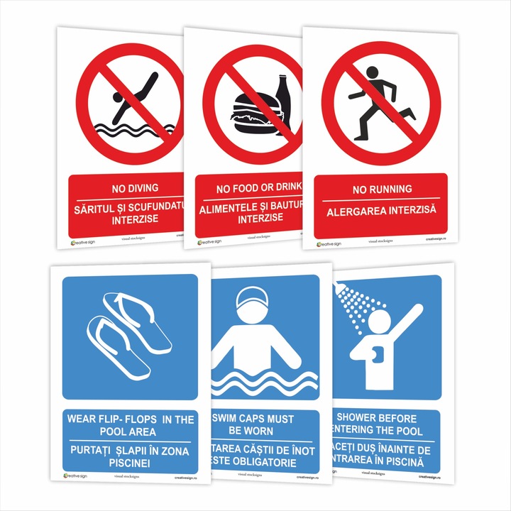 Set 6 indicatoare piscină, creative sign, PVC, 15x20cm, interdicție și obligativitate