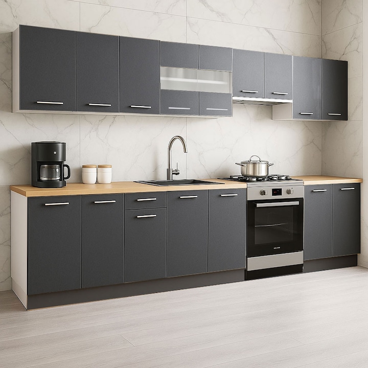 Set Mobilier de Bucatarie cu soft-close, BadenMob Germania, 320cm, corpuri inalte, blat gros, 16 usi, Antracit