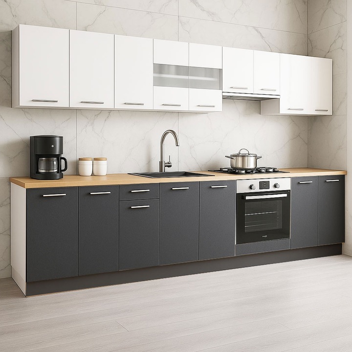 Set Mobilier de Bucatarie cu soft-close, BadenMob Germania, 320cm, corpuri inalte, blat gros, corp cuptor, 16 usi, Antracit/Alb