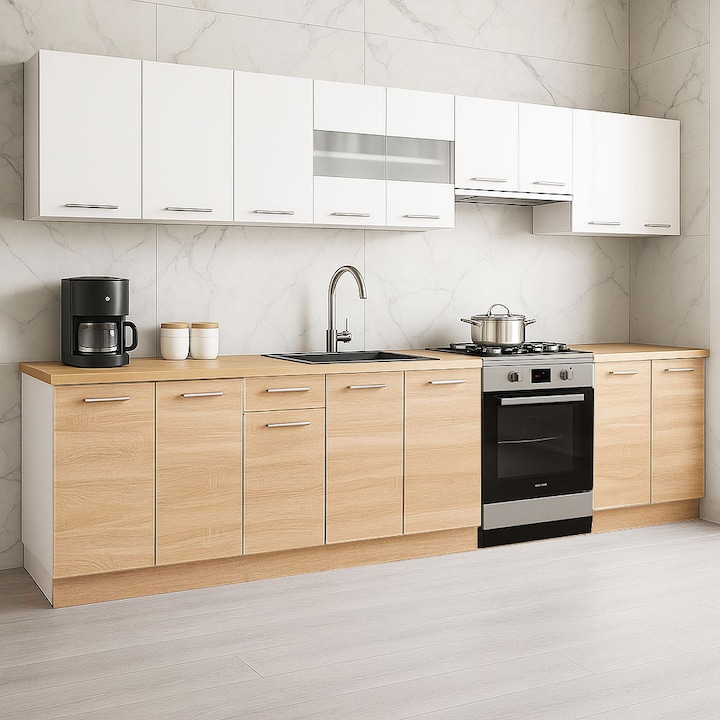 Set Mobilier de Bucatarie cu soft-close, BadenMob Germania, 320cm, corpuri inalte, blat gros, 16 usi, Sonoma/Alb