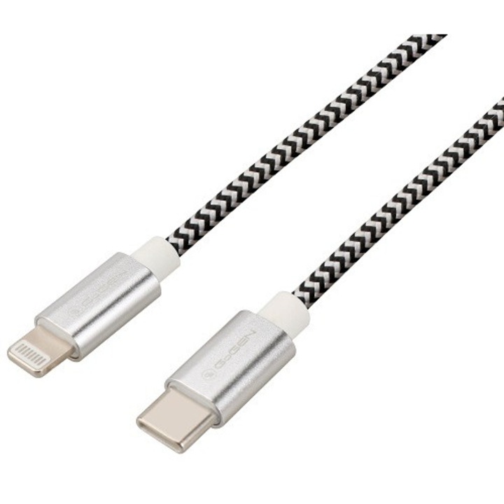 Cablu de incarcare si transfer de date GoGEN USB-C / Lightning, 2 metri, impletitura textila, argintiu