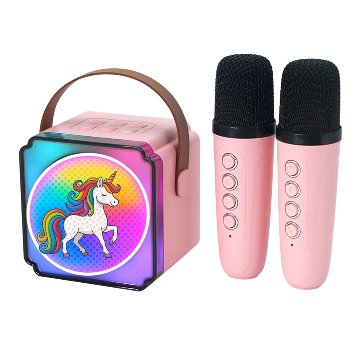 Преносима караоке кутия с 2 безжични микрофона, RGB светлини, Bluetooth 5.3, забавни гласови ефекти, универсална съвместимост, розова – PacFullTech