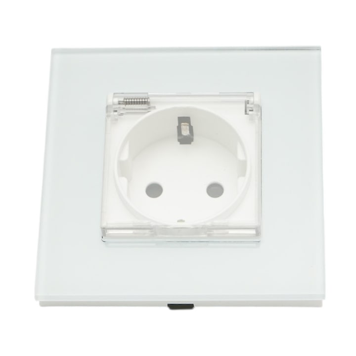 Priză Schuko simplă Breckner, 220V, 16A, albă, capac transparent, dimensiuni 86x86x34mm