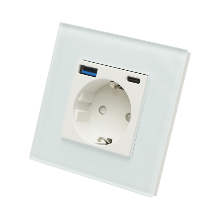 Priza schuko simpla alba 220V, 16A, 2xUSB A+C 20W incarcare rapida, rama din sticla 86x86x34mm