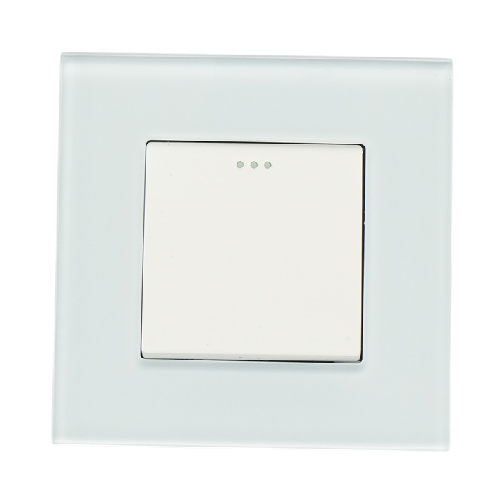 Intrerupator simplu cap scara Breckner, alb, 220V, 16AX, dimensiuni 86x86x34mm, cu indicator luminos, rama sticla