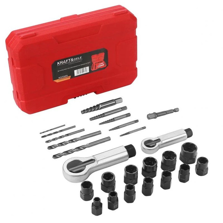 Fúró- és csőkulcskészlet törött csavarok eltávolításához, 26 darab, Kraft&Dele KD5988