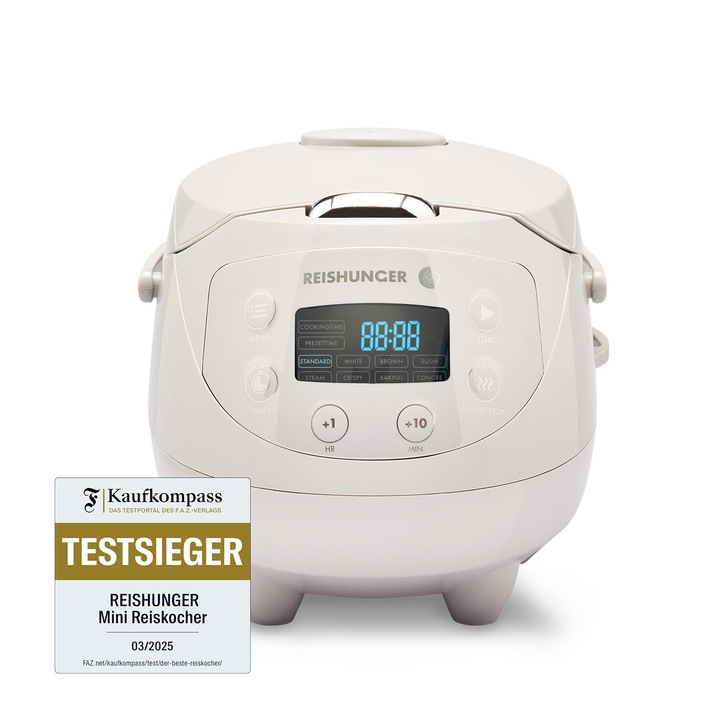 Aparat de Gătit Orez Digital, Reishunger, Mic, Gri, 0, 6 L, Funcție de Menținere la Cald, 8 Programe
