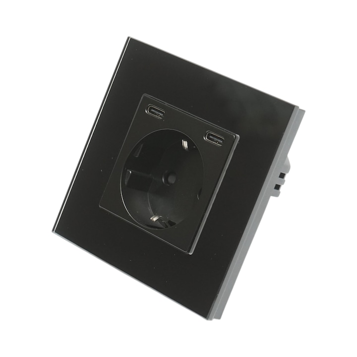 Priza schuko simpla neagra 220V, 16A, 2xUSB-C 20W incarcare rapida, rama din sticla 86x86x34mm