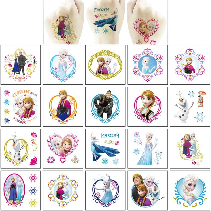 20 de coli de tatuaje temporare cu desene animate Frozen pentru copii, favoruri de petrecere de ziua de nastere, autocolante dragute decor Frozen cadouri pentru fete baieti premii pentru activitati casnice la clasa carnaval recompense de Craciun