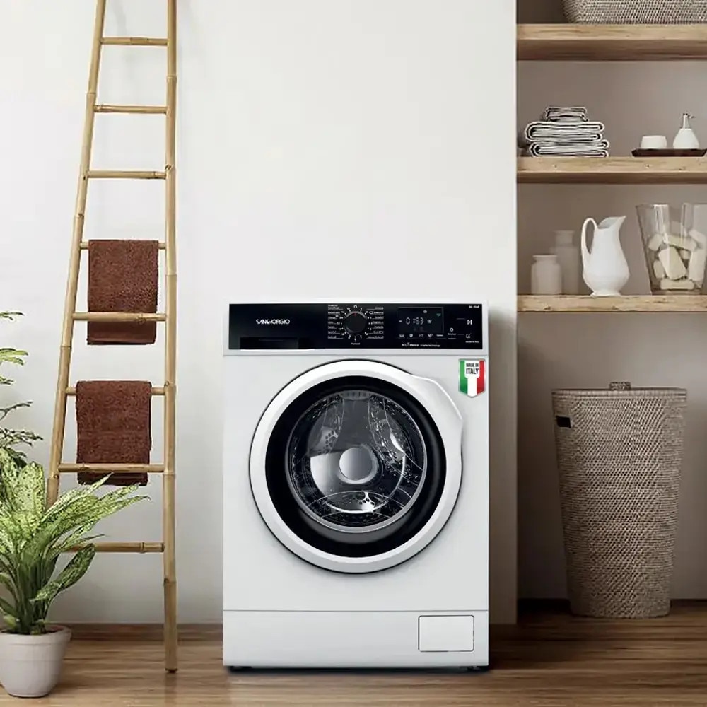 Masina de spalat rufe SanGiorgio, capacitate 9 kg, 1400 rpm, 15 programe, motor Inverter, mod ECO si abur, autocuratare, grad de murdarie selectabil, ajustare automata a consumului, protectie la preaplin, control electronic al balansului, Child Lock, alb