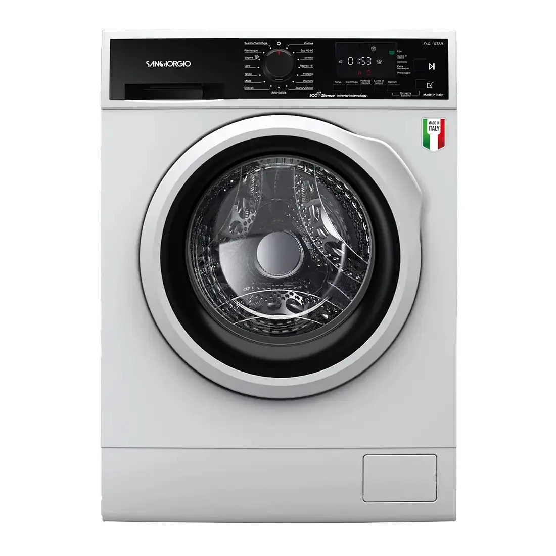 Masina de spalat rufe SanGiorgio, capacitate 9 kg, 1400 rpm, 15 programe, motor Inverter, mod ECO si abur, autocuratare, grad de murdarie selectabil, ajustare automata a consumului, protectie la preaplin, control electronic al balansului, Child Lock, alb